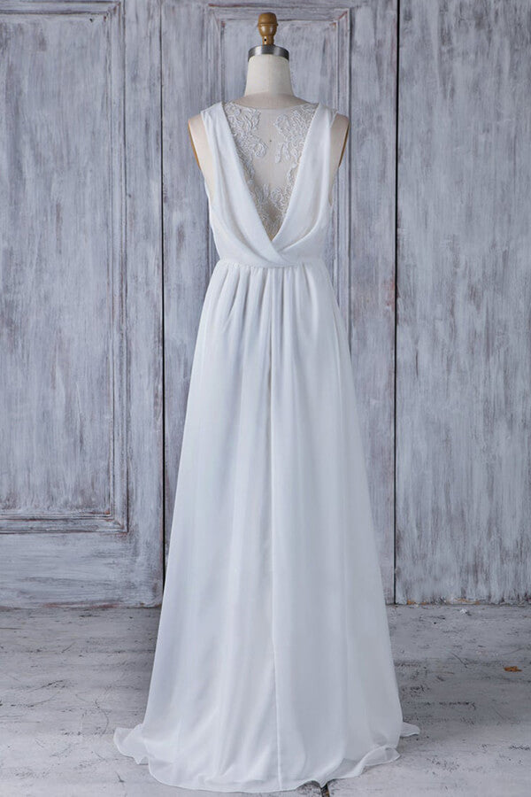 Elegante vestido de novia largo de gasa con encaje y volantes en forma de A
