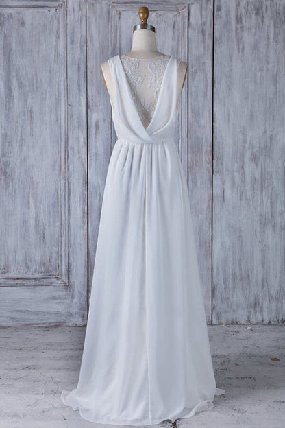 Elegant Long A-line Ruffle Lace Chiffon Wedding Dress