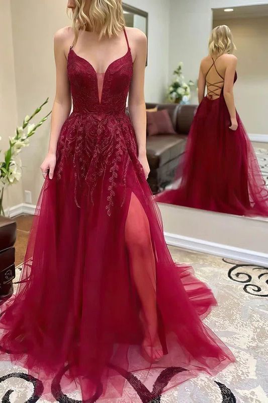 Elegantes langes rückenfreies A-Linien-Ballkleid aus Tüll mit Herzausschnitt und Schlitz