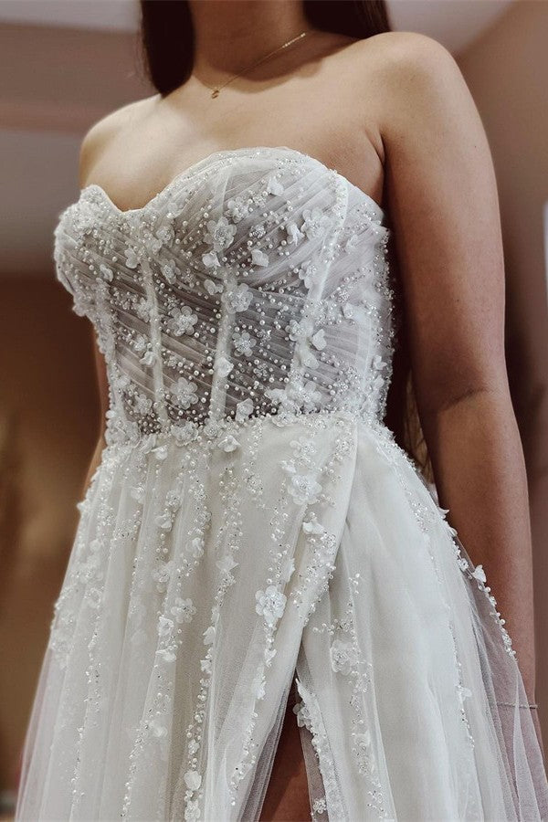 Elegant Long A-line Sweetheart Tulle Lace Wedding Dress with Slit