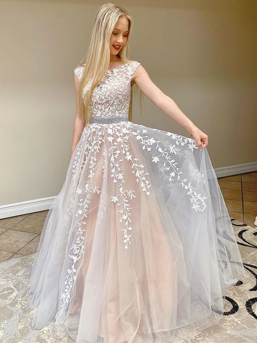 Elegantes langes A-Linien-Ballkleid mit Tüllspitze und Rundhalsausschnitt und rückenfreiem Abschlussballkleid