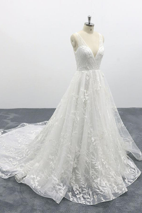 Elegantes langes rückenfreies Brautkleid in A-Linie mit V-Ausschnitt und Spitzenapplikationen