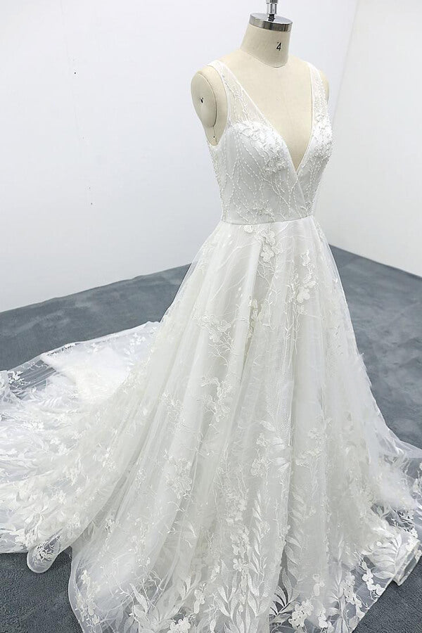 Elegantes langes rückenfreies Brautkleid in A-Linie mit V-Ausschnitt und Spitzenapplikationen