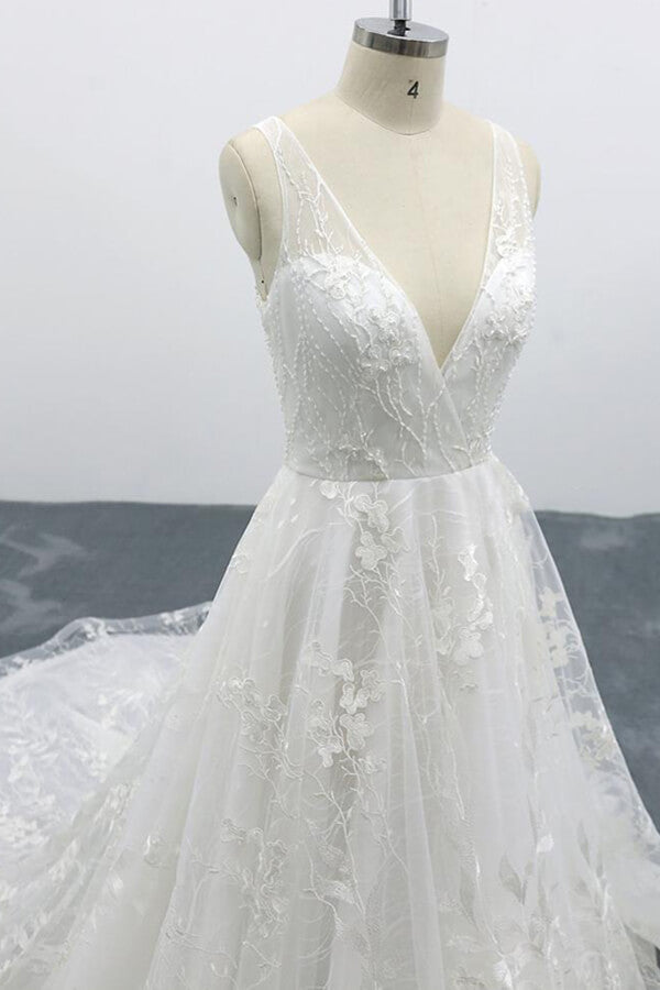 Elegantes langes rückenfreies Brautkleid in A-Linie mit V-Ausschnitt und Spitzenapplikationen