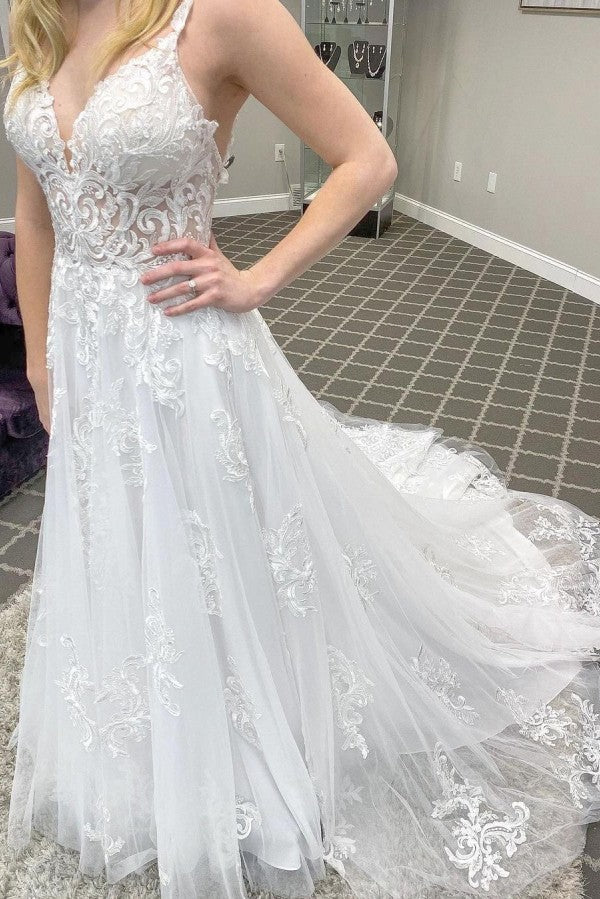 Elegant Long A-line V-neck Appliques Lace Tulle Backless Wedding Dress