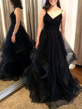 Elegantes vestidos de fiesta largos negros de corte A con escote en V y espalda descubierta.