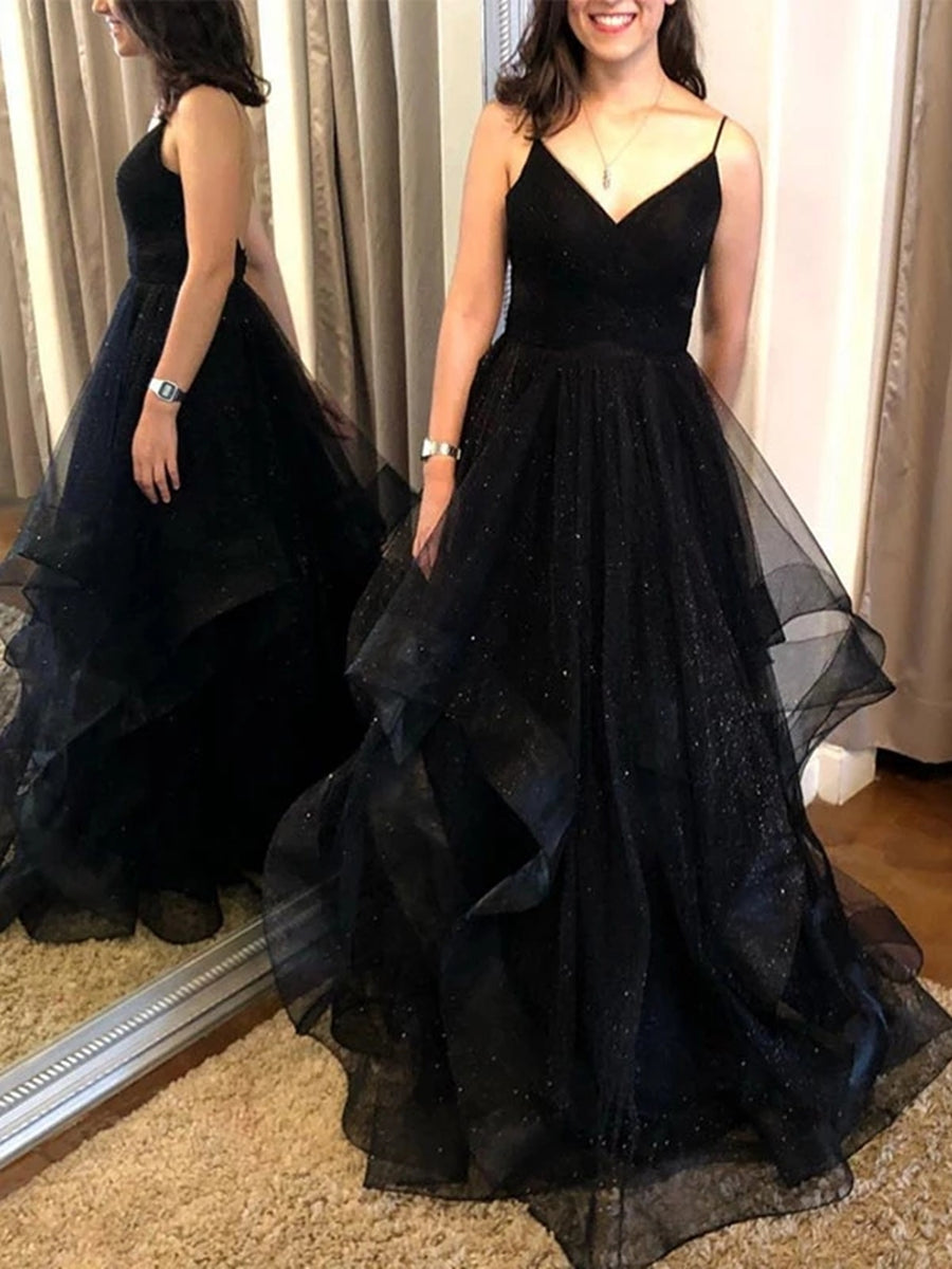 Elegantes vestidos de fiesta largos negros de corte A con escote en V y espalda descubierta.