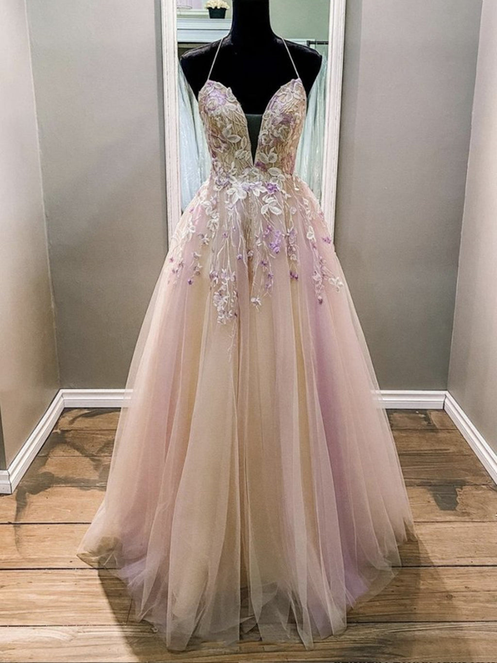 Elegante vestido de noche formal de fiesta con escote en V, largo, sin espalda, de tul y encaje