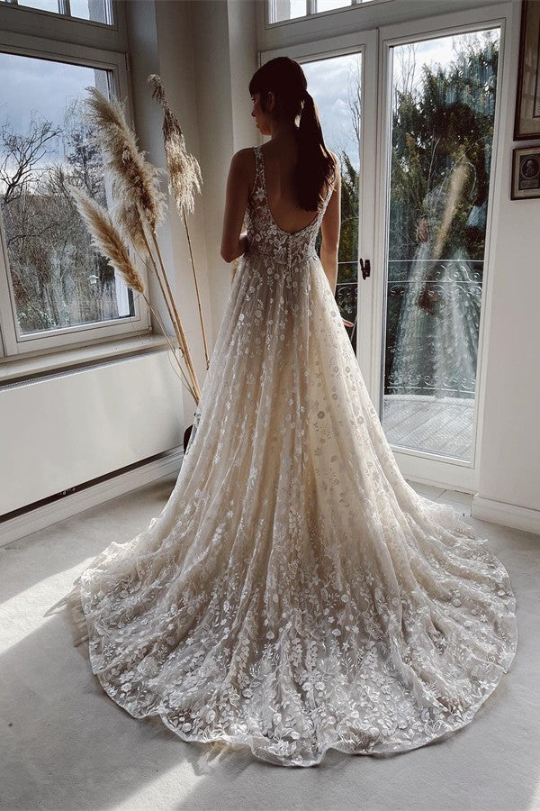 Elegant Long A-line V-neck Backless Tulle Lace Wedding Dresses