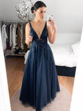 Elegante vestido de noche formal de fiesta con escote en V y encaje en forma de A