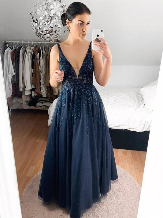 Elegant Long A-line V neck Lace Prom Formal Evening Dresses