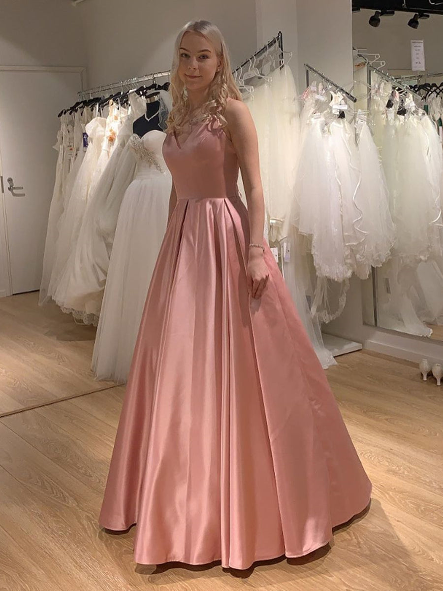 Elegantes langes rückenfreies A-Linien-Abschlussballkleid aus Satin mit V-Ausschnitt