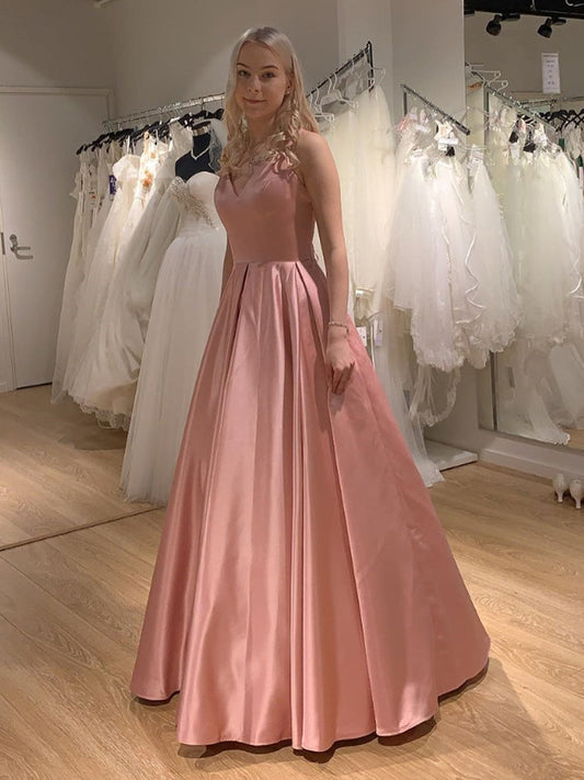 Elegantes langes rückenfreies A-Linien-Abschlussballkleid aus Satin mit V-Ausschnitt