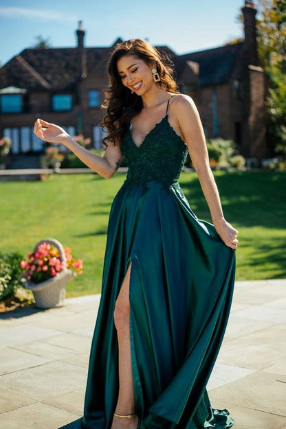 Elegantes langes ärmelloses Ballkleid aus Satin in A-Linie mit V-Ausschnitt und Schlitz