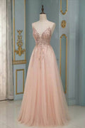 Elegantes langes rückenfreies Ballkleid aus Tüll in A-Linie mit V-Ausschnitt und Pailletten