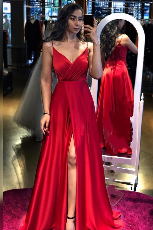 Elegantes langes A-Linien-Ballkleid mit V-Ausschnitt und Spaghettiträgern und Schlitz