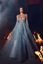 Elegante vestido de fiesta largo de corte A con escote en V, tirantes finos y encaje con lentejuelas