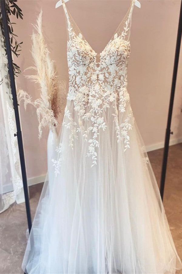 Elegantes langes A-Linien-Brautkleid mit V-Ausschnitt, Tüllapplikationen und Spitze und offenem Rücken