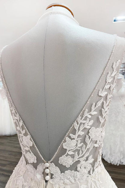 Elegant Long A-line V Neck Tulle Lace Open Back Wedding Dress