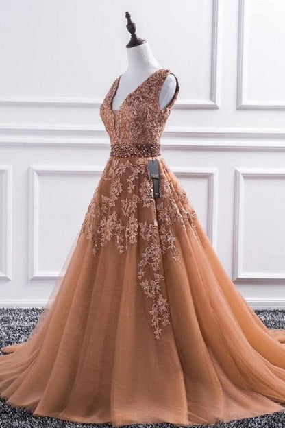 Elegant Long A-line V-neck Tulle Lace Prom Dress