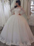 Elegant Long Ball Gown Bateau Lace Wedding Dresses with Sleeves