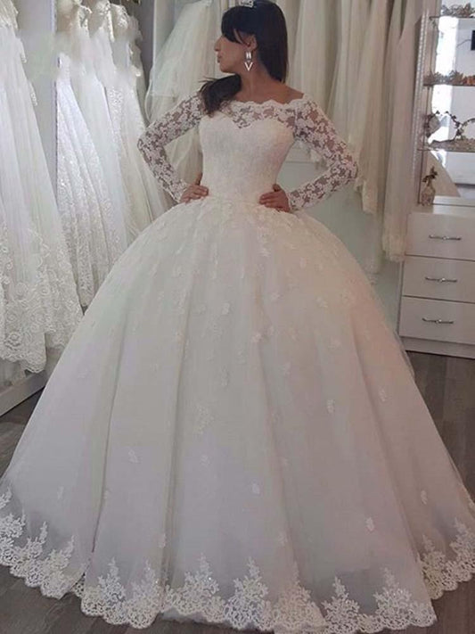 Elegant Long Ball Gown Bateau Lace Wedding Dresses with Sleeves