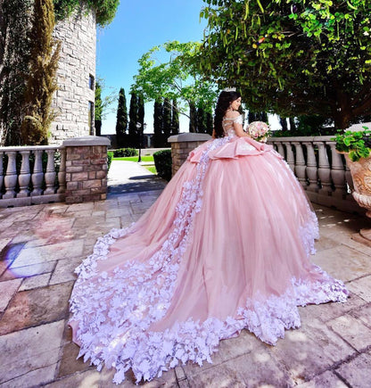 Elegantes langes Ballkleid, schulterfrei, Applikationen, Spitze, Tüll, Quinceanera-Kleid