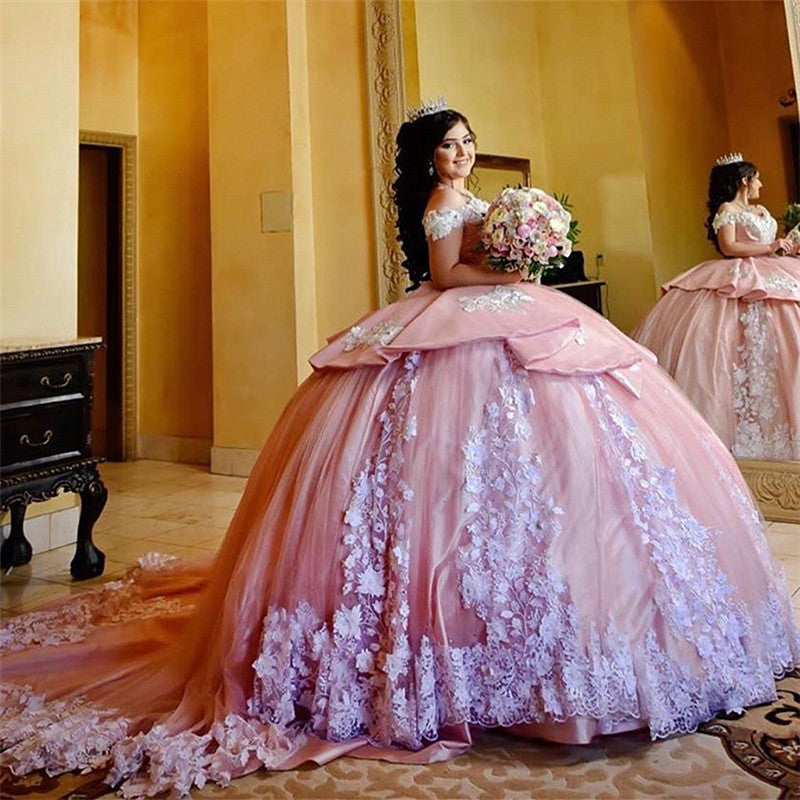 Elegantes langes Ballkleid, schulterfrei, Applikationen, Spitze, Tüll, Quinceanera-Kleid