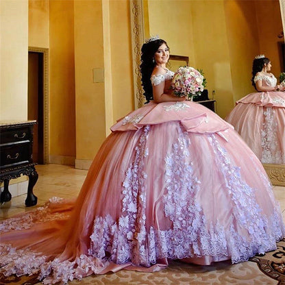 Elegantes langes Ballkleid, schulterfrei, Applikationen, Spitze, Tüll, Quinceanera-Kleid