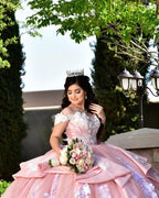 Elegant Long Ball Gown Off-the-shoulder Appliques Lace Tulle Quinceanera Dress