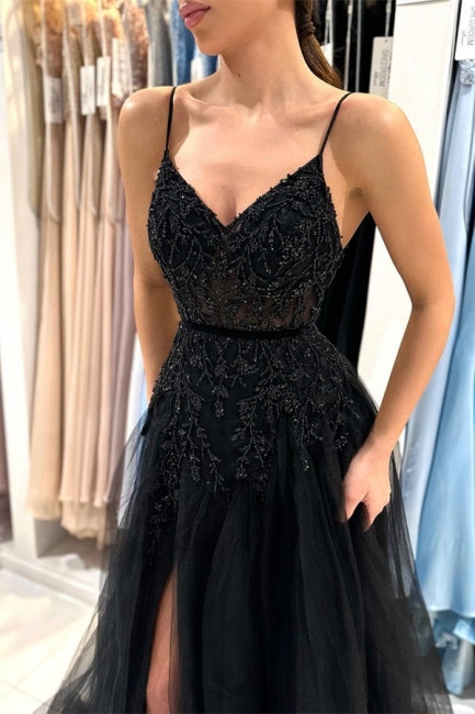 Elegantes langes schwarzes A-Linien-Ballkleid mit Pailletten und Spitze