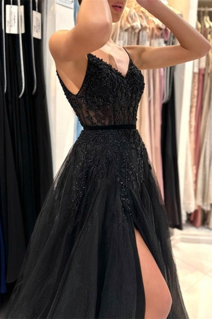 Elegantes langes schwarzes A-Linien-Ballkleid mit Pailletten und Spitze