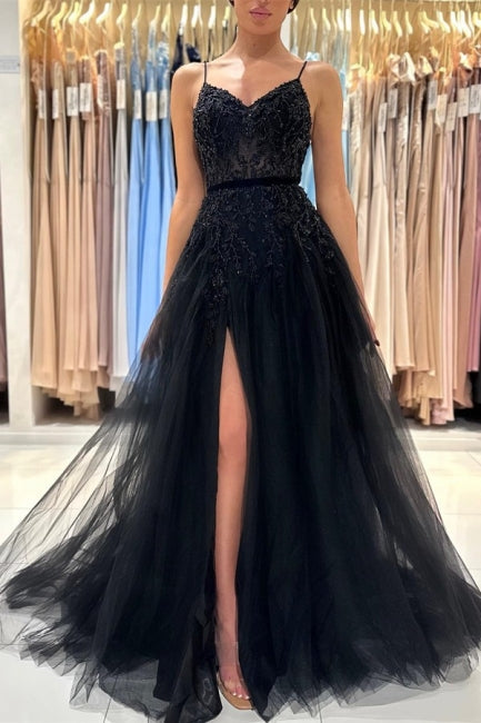 Elegantes langes schwarzes A-Linien-Ballkleid mit Pailletten und Spitze