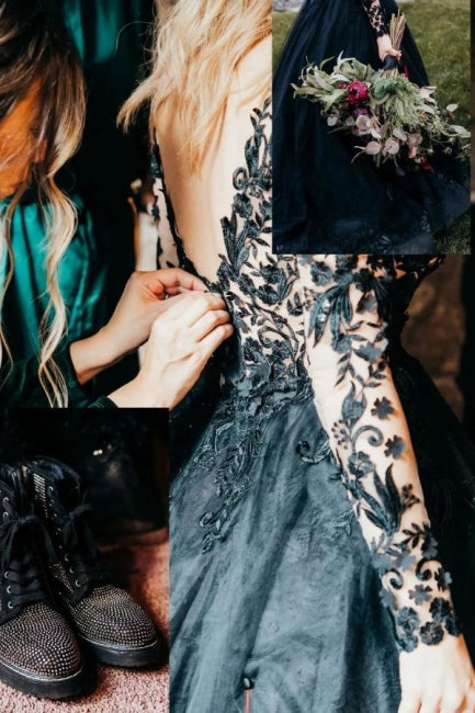 Elegantes langes schwarzes A-Linien-Brautkleid mit V-Ausschnitt und langen Ärmeln und Spitze