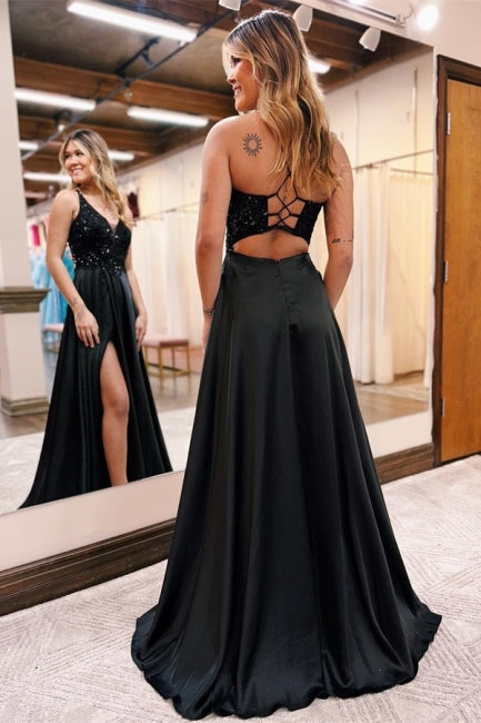 Elegantes langes schwarzes A-Linien-Abendkleid mit V-Ausschnitt und Pailletten und Glitzer