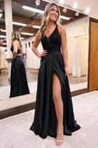 Elegantes langes schwarzes A-Linien-Abendkleid mit V-Ausschnitt und Pailletten und Glitzer