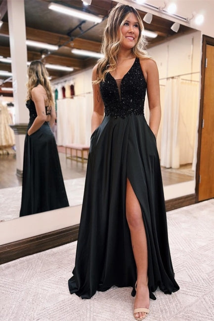 Elegantes langes schwarzes A-Linien-Abendkleid mit V-Ausschnitt und Pailletten und Glitzer