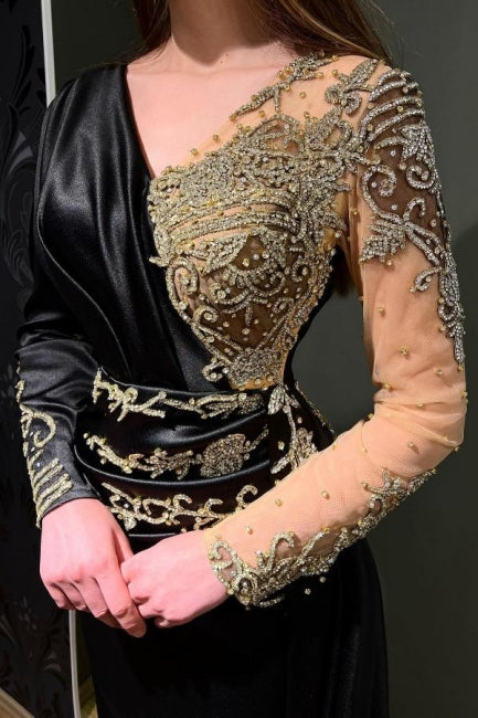 Elegant Long Black Beading Mermaid Evening Dresses With Long Sleeves