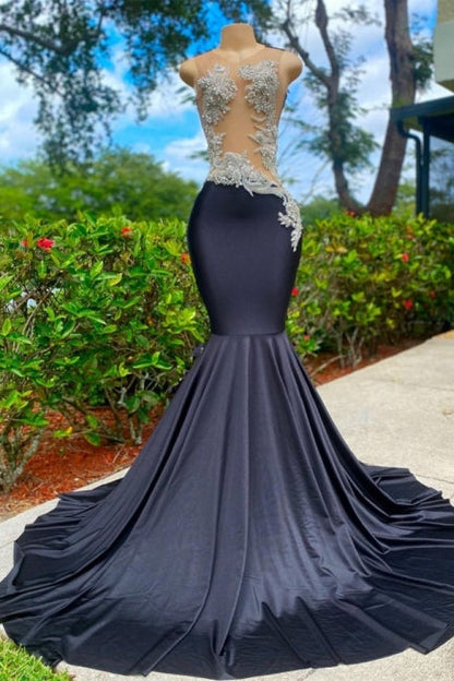 Elegantes langes schwarzes Meerjungfrau-Ballkleid aus Spitze mit Applikationen