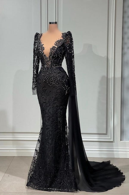 Elegante vestido de noche largo de sirena con escote en V y encaje negro con mangas largas