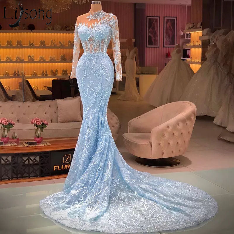 Elegantes langes blaues Meerjungfrau-Ballkleid mit langen Ärmeln und Schleppe