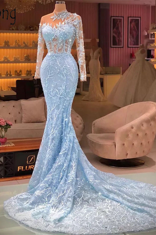 Elegantes langes blaues Meerjungfrau-Ballkleid mit langen Ärmeln und Schleppe