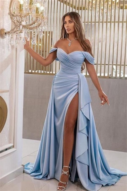 Elegantes langes blaues schulterfreies A-Linien-Abendkleid aus Satin mit Schlitz