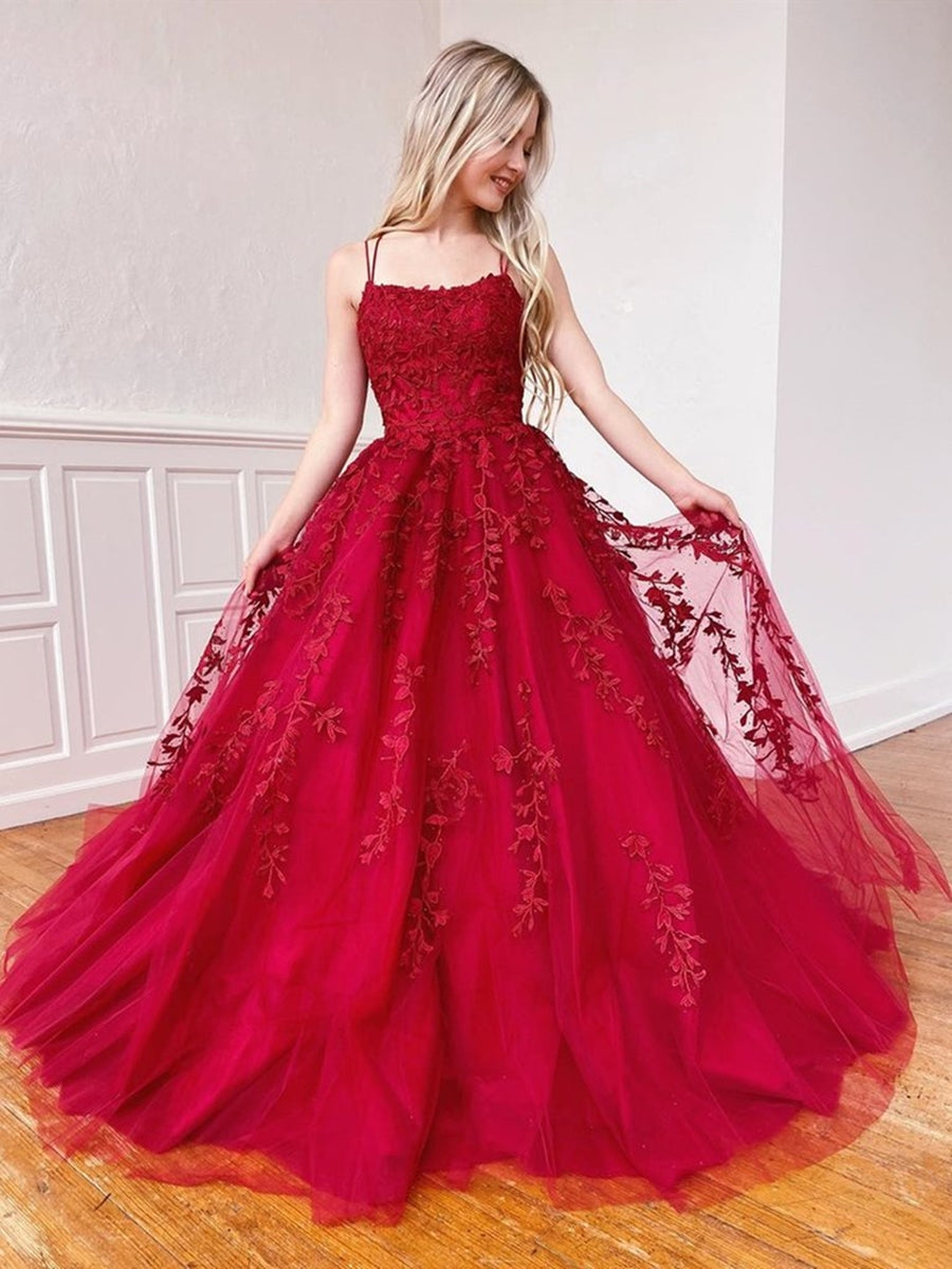 Elegantes vestidos de fiesta de tul con encaje, sin tirantes, corte A, color burdeos