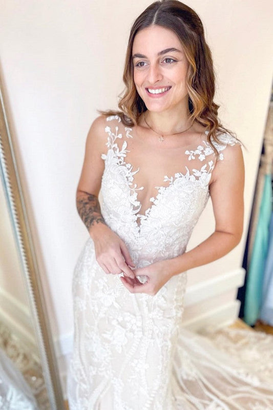 Elegant Long Mermaid Bateau Appliques Lace Backless Wedding Dress