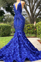Elegante vestido de fiesta largo de sirena con cuello halter, satén, encaje y espalda descubierta