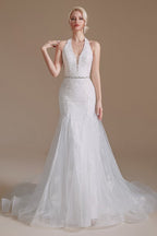 Elegante vestido de novia largo de sirena con cuello halter de tul hasta el suelo con apliques de encaje