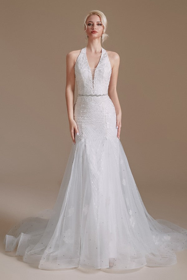 Elegante vestido de novia largo de sirena con cuello halter de tul hasta el suelo con apliques de encaje