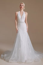Elegante vestido de novia largo de sirena con cuello halter de tul hasta el suelo con apliques de encaje