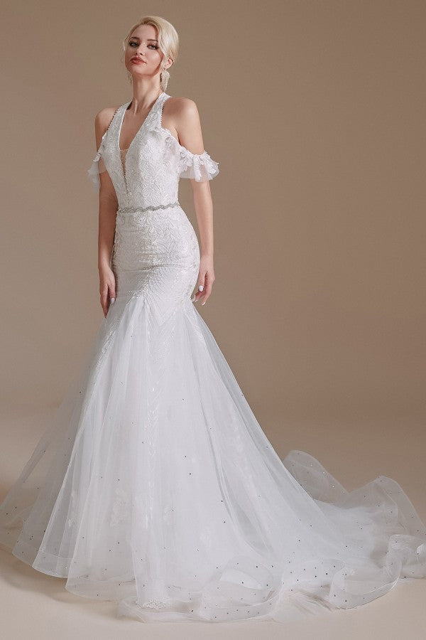 Elegante vestido de novia largo de sirena con cuello halter de tul hasta el suelo con apliques de encaje